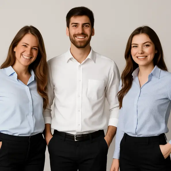 Profissionais vestindo uniformes executivos Le Favaro em ambiente corporativo